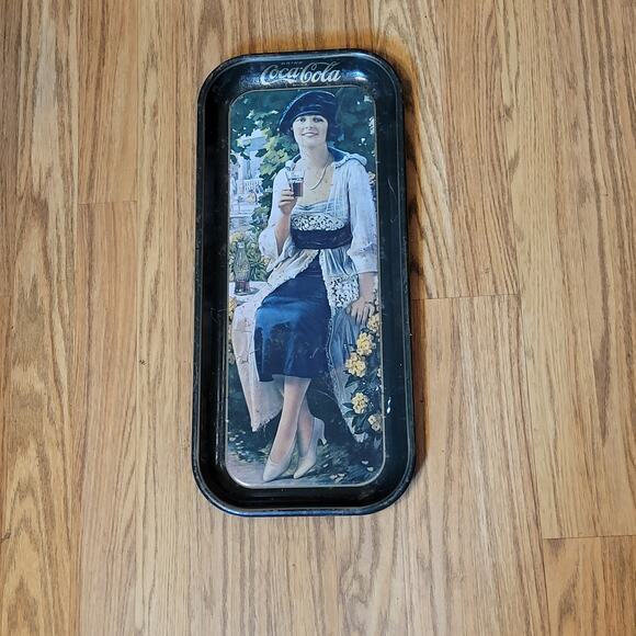 Vtg 1973 COCA COLA Rectangle tin serving tray Retro style flapper girl 8.5x19" - Picture 1 of 9